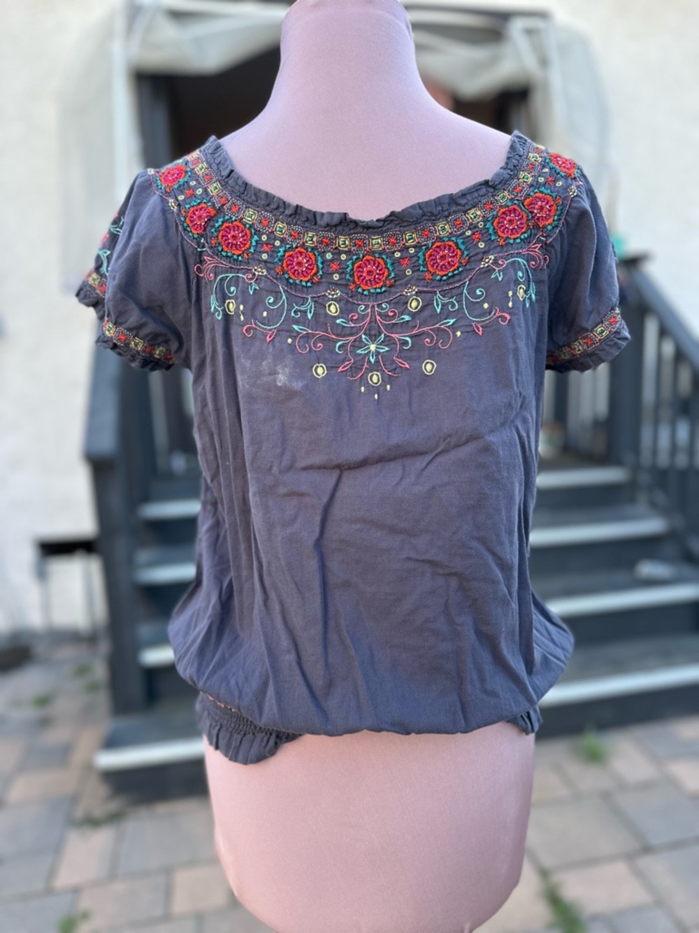 Johnny Was Navy Embroidered Floral Peasant Top - Picture 4 of 8